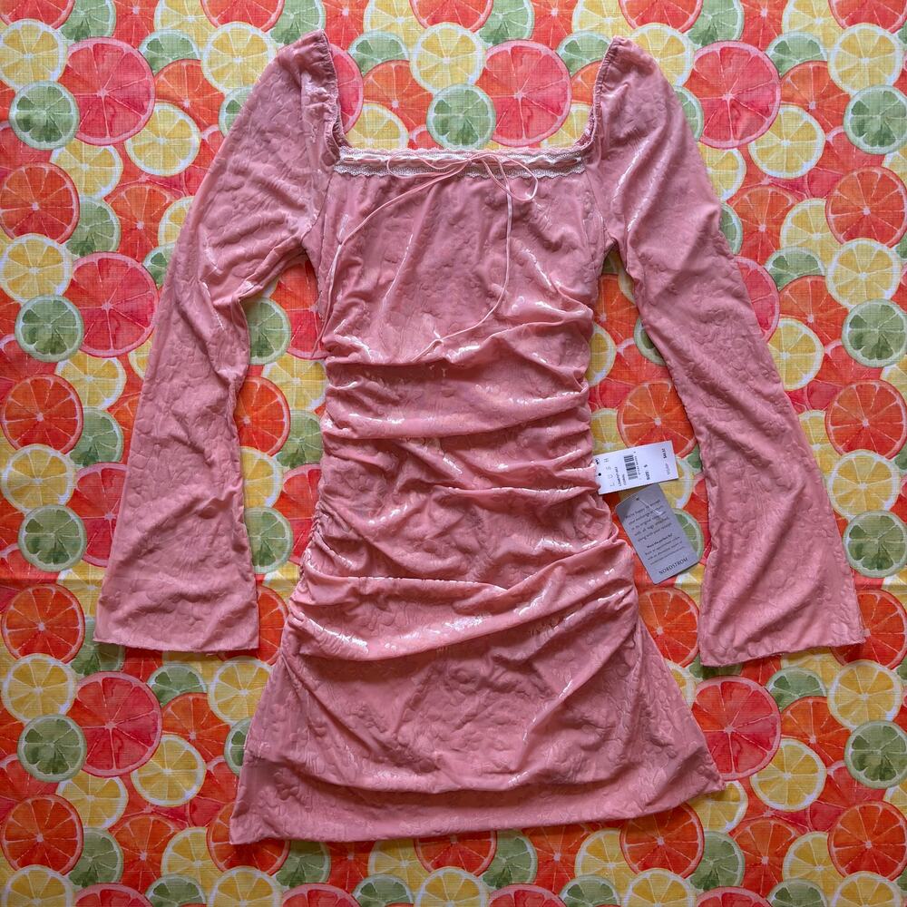 LUSH Coral Burnout Velvet Bell Sleeve Mini Dress NWT S